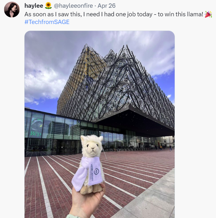 Tweet showing Llama stuffed toy in front of The Rep Theatre, Birmingham